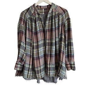 Free People Come On Over Oversized Multicolor Plaid Flannel Top, Size XS